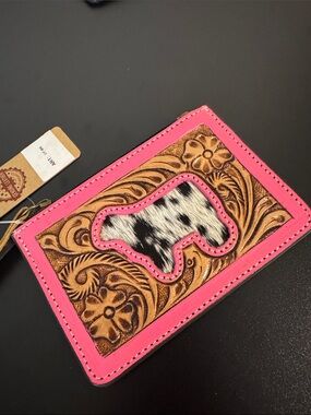 Pink Tooled Leather Zip Wallet with Hair-On Hide Accent